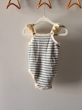 cloud island Cream and Blue Striped Knit Baby One-Piece